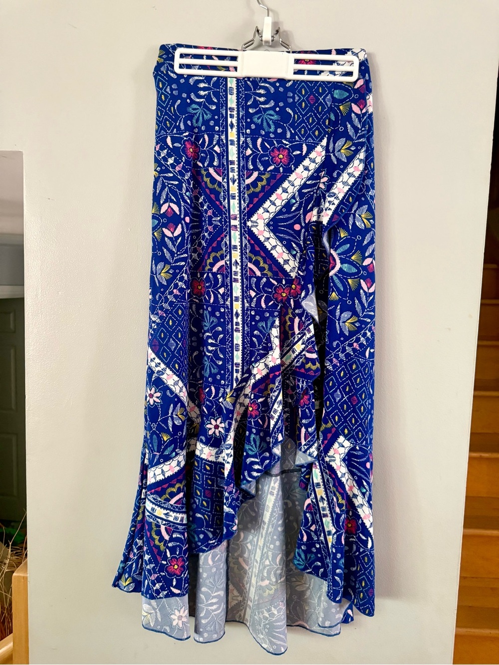 Me 2 Magic Blue Floral Geometric High-Low Ruffle Maxi Skirt